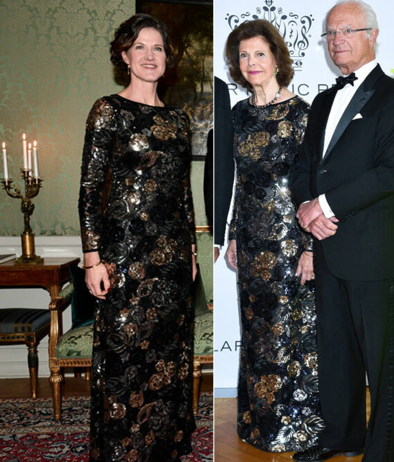 Anna Kinberg Batra och drottning Silvia samma klänning från Camilla Thulin – Diva long barock.