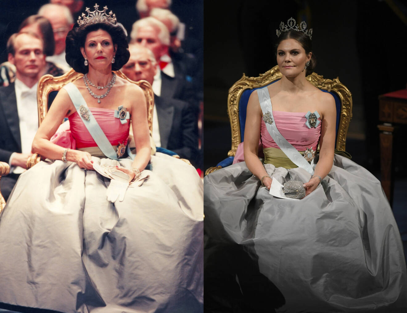 Drottning Silvia och kronprinsessan Victoria i samma klänning vid Nobelbanketten 1995 och 2018