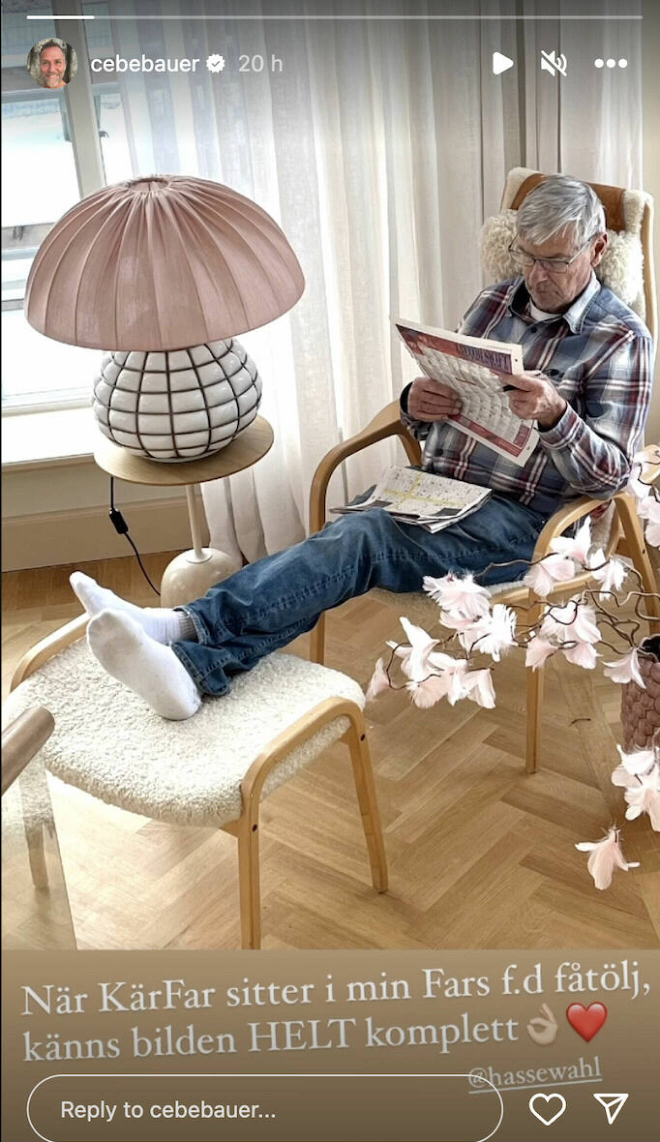 En bild på Hans Wahlgren som sitter i en fåtölj på Christian Bauers Instagram-story