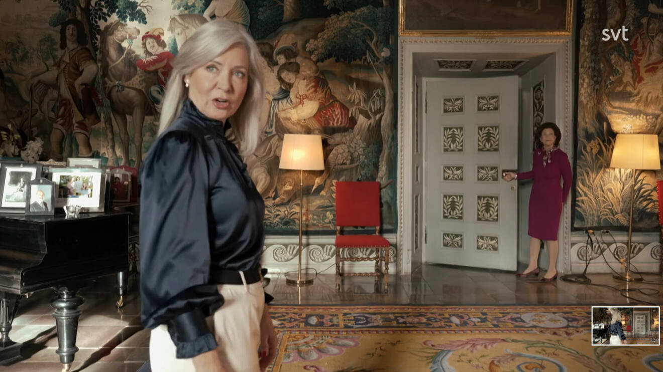 Pernilla Månsson Colt hemma hos drottning Silvia i Stensalen på Drottningholms slott