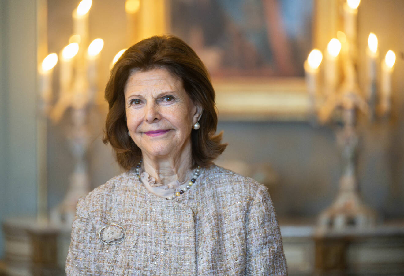 Drottning Silvia fotograferad under torsdagens mottagning på Stockholm slott med anledning av drottningens kommande 80-årsdag.