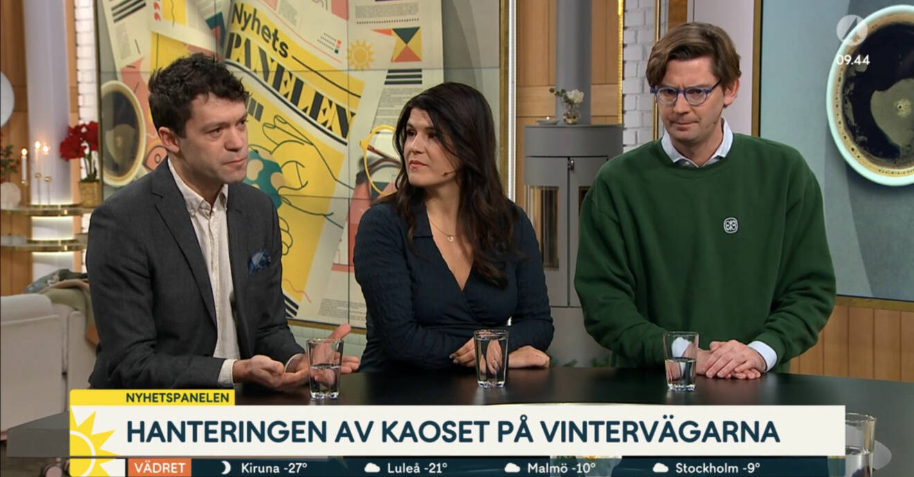 Från vänster: Leonidas Aretakis, chefredaktör för Flamman, Amanda Sokolnicki, politisk redaktör för Dagens Nyheter, Claes de Faire, medieentreprenör och författare.