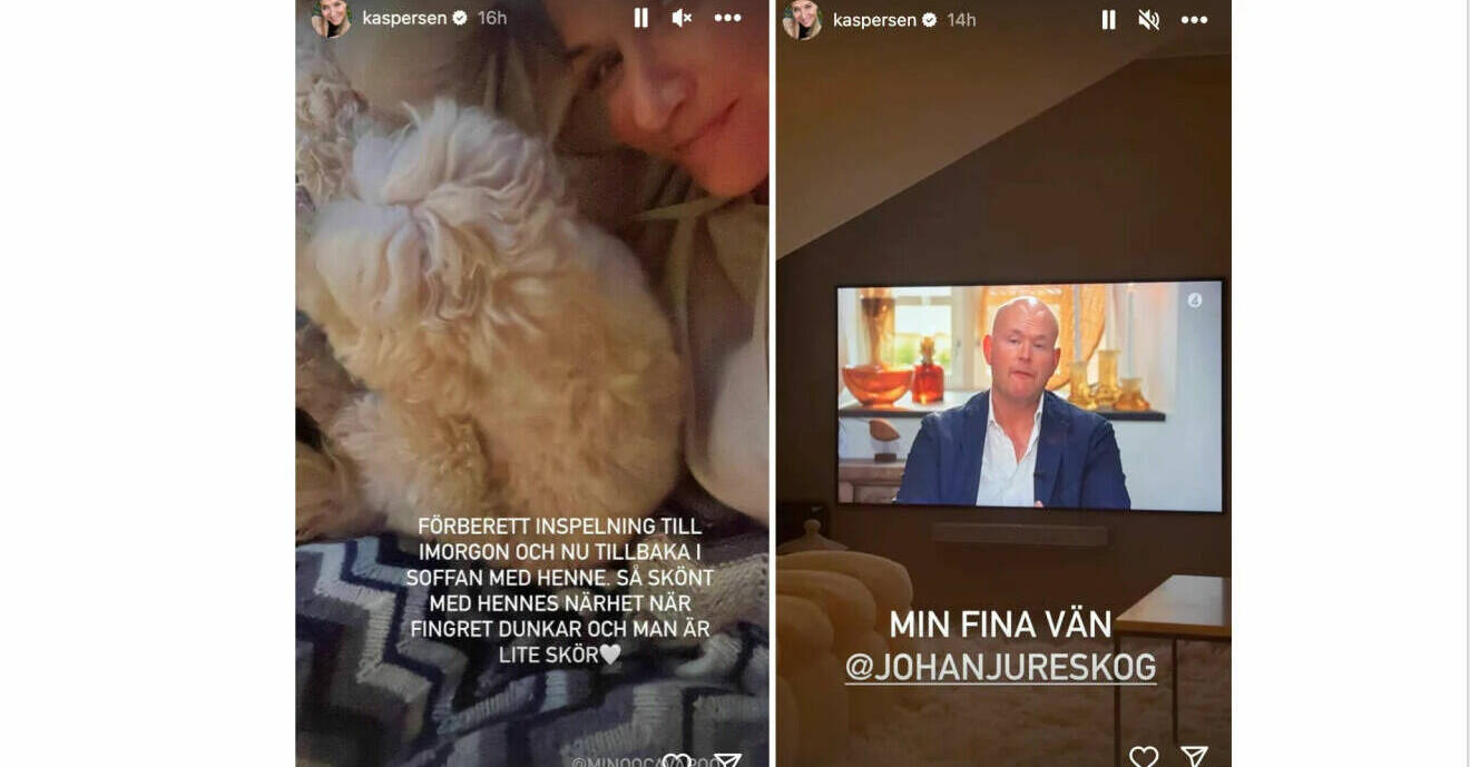 Kristin Kaspersen kollar på vännen Johan Jureskog på tv