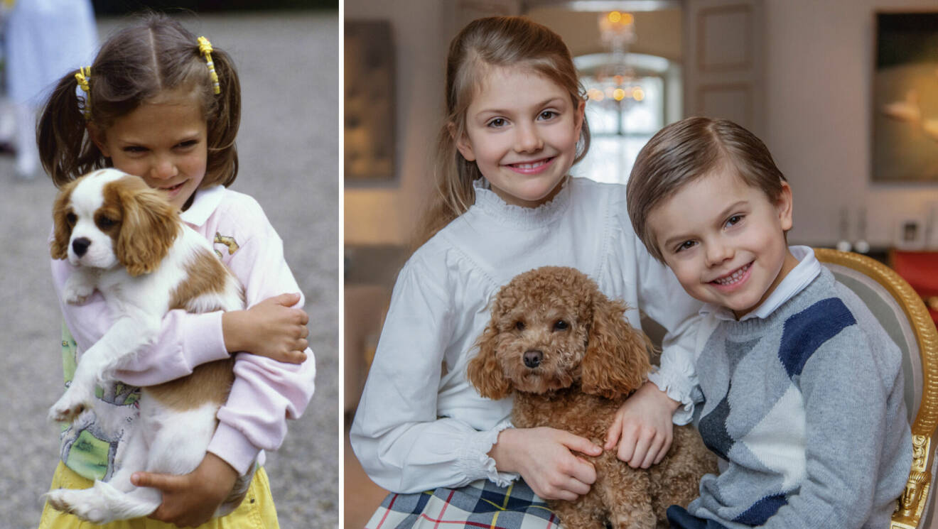 Kronprinsessan Victoria med hunden Sissi, prinsessan Estelle och prins Oscar med hunden Rio