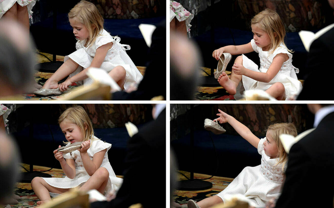 Prinsessan Leonore tar av sig skorna i kyrkan