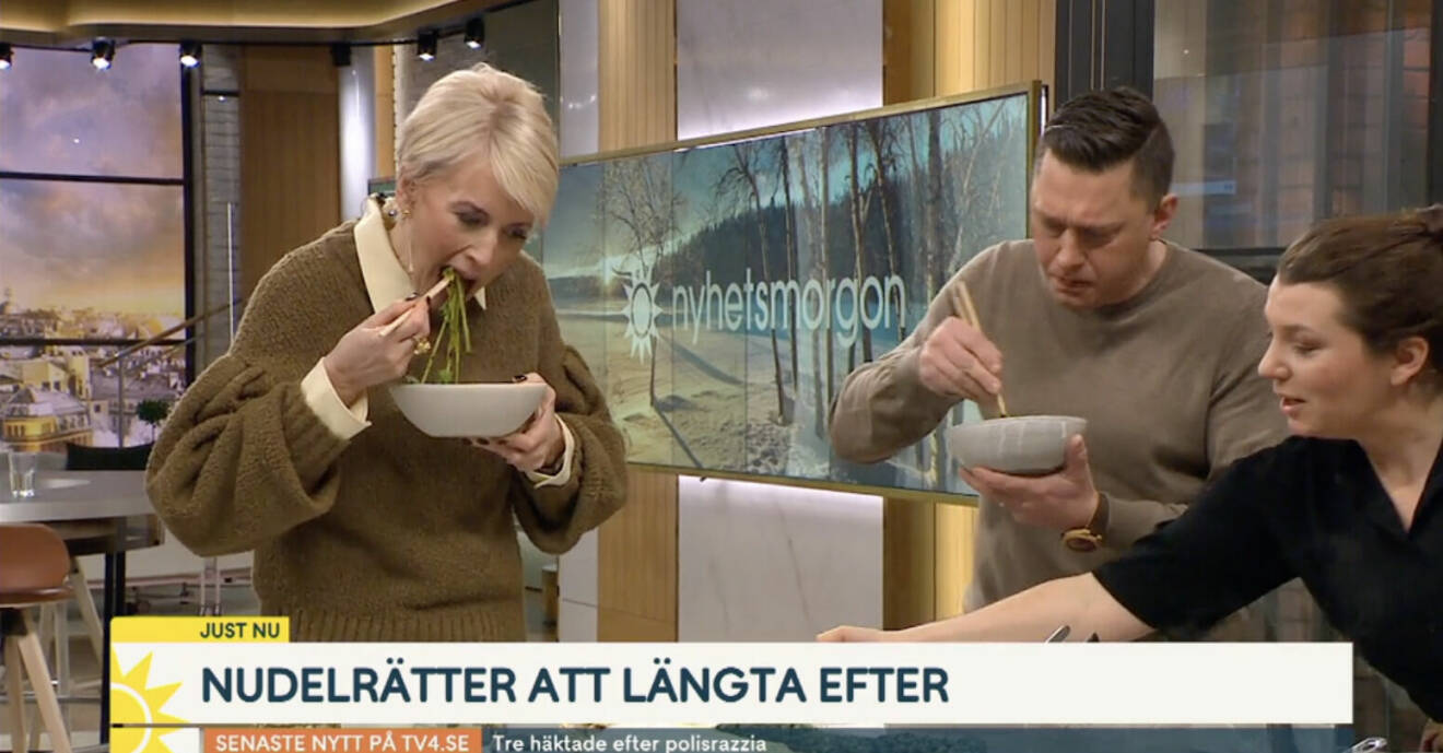 Jenny Strömstedt och Per Skoglund äter nudlar i Nyhetsmorgon