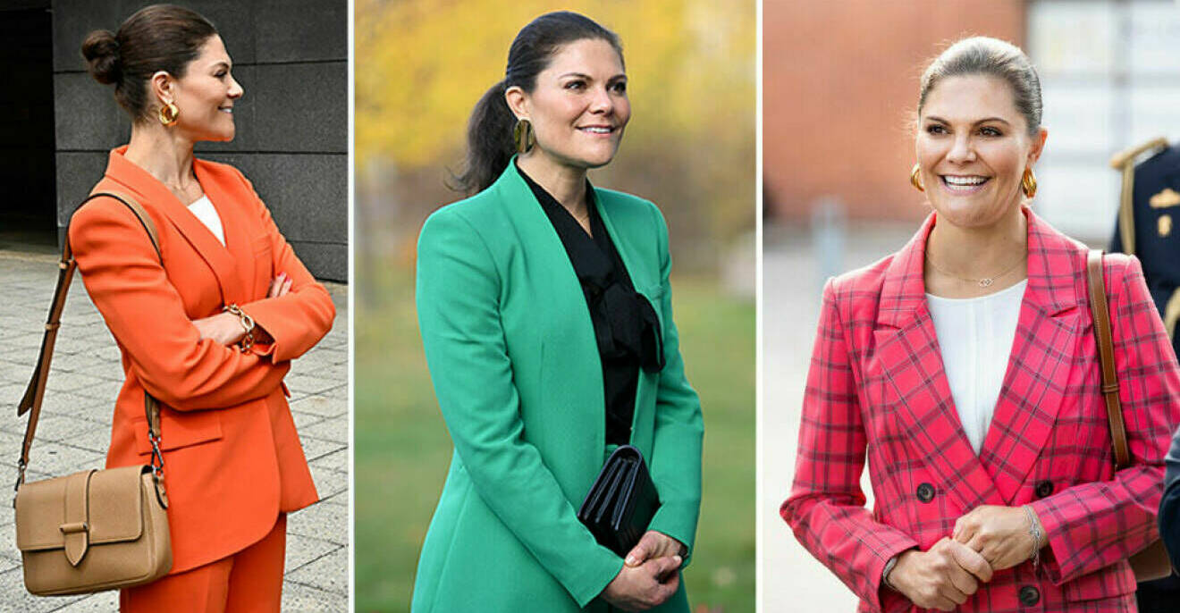 Tre bilder på kronprinsessan Victoria i olika kostymer, en orange, en grön och en rosarutig.