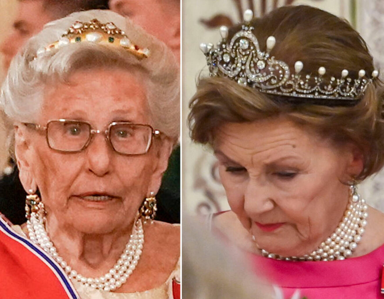 Prinsessan Astrid och drottning Sonja i pärlhalsband och tiara