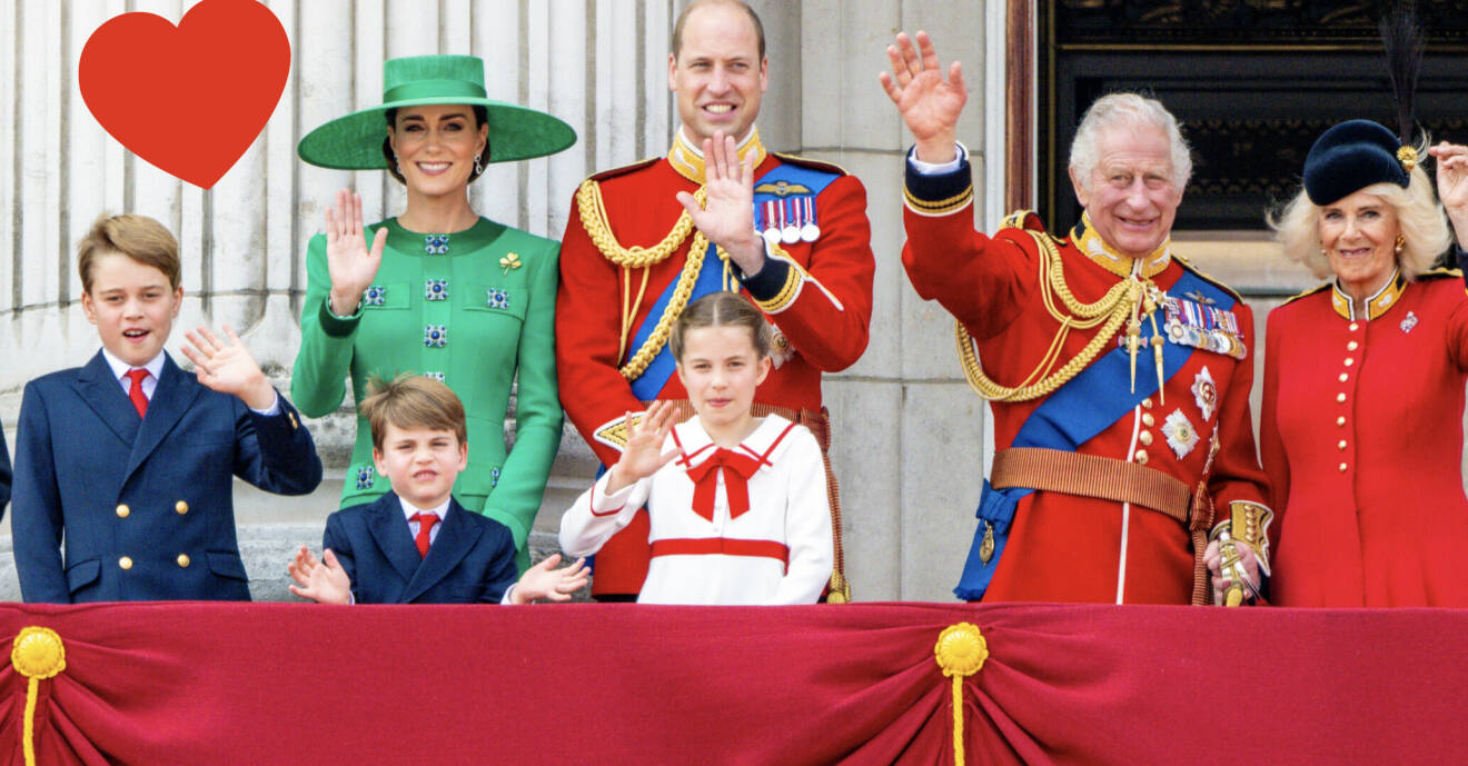 Prins George, prinsessan Kate, prins William, kung Charles, drottning Camilla, prins Louis och prinsessan Charlotte