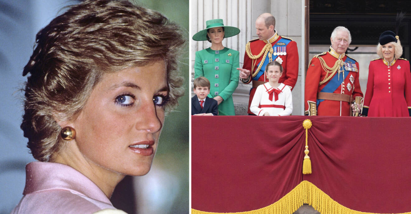 Prinsessan Diana, prins William, kung Charles, drottning Camilla och prinsessan Charlotte