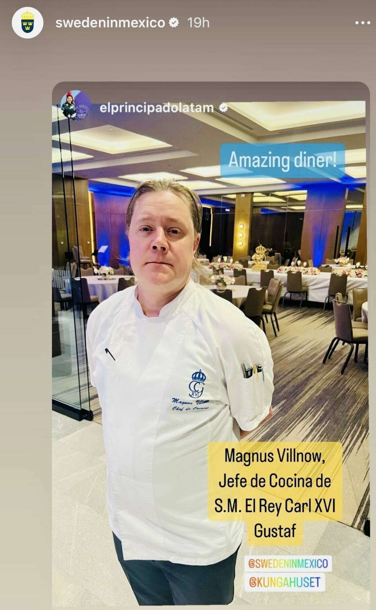 Kungens privata kock Magnus Villnow vid kungaparets middag i Mexico City