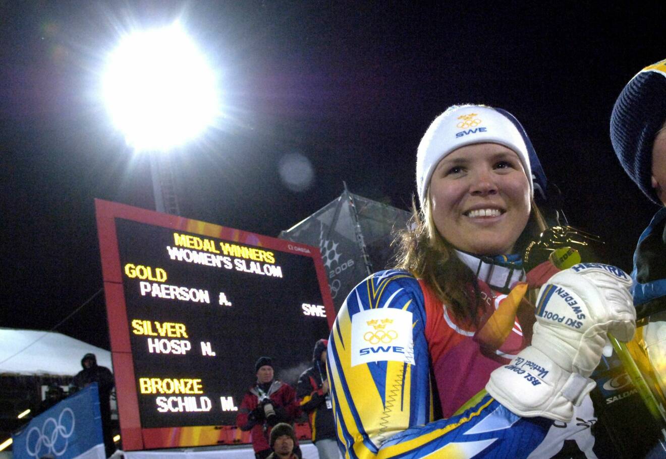 Anja Pärson efter att ha vunnit sitt OS-guld