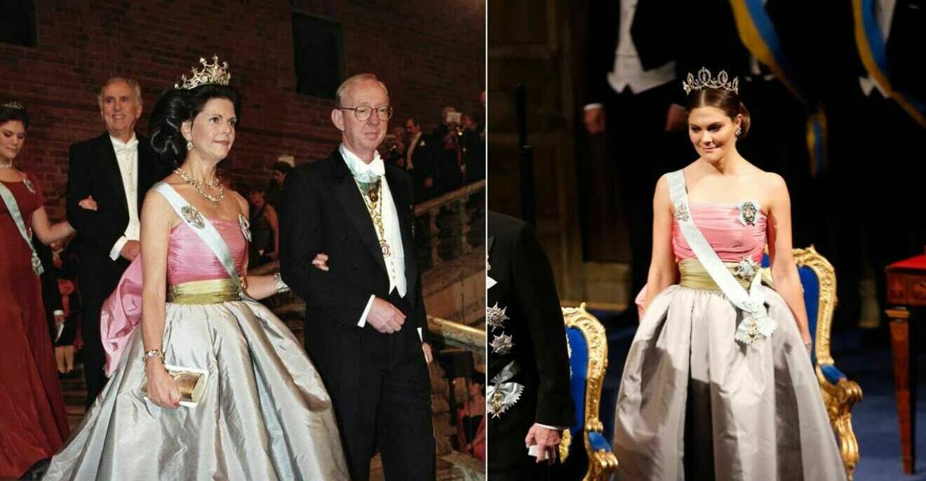 Drottning Silvia och kronprinsessan Victoria i samma Nobelklänning