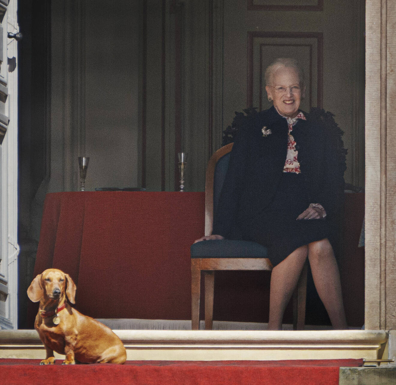 Drottning Margrethe med sin tax Tilia vid födelsedagsfirandet på slottet Fredensborg