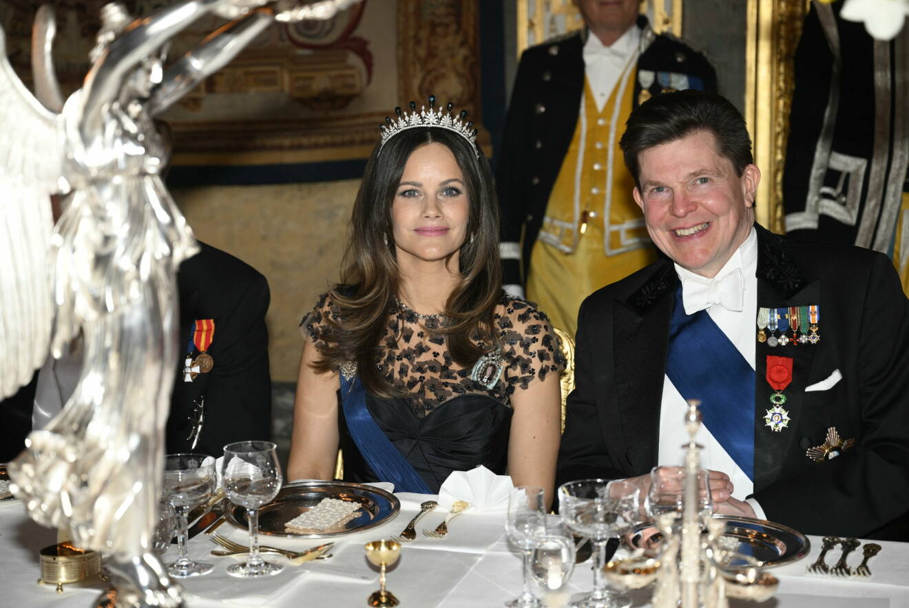 Prinsessan Sofia och talman Andreas Norlén under kungaparets galamiddag på slottet