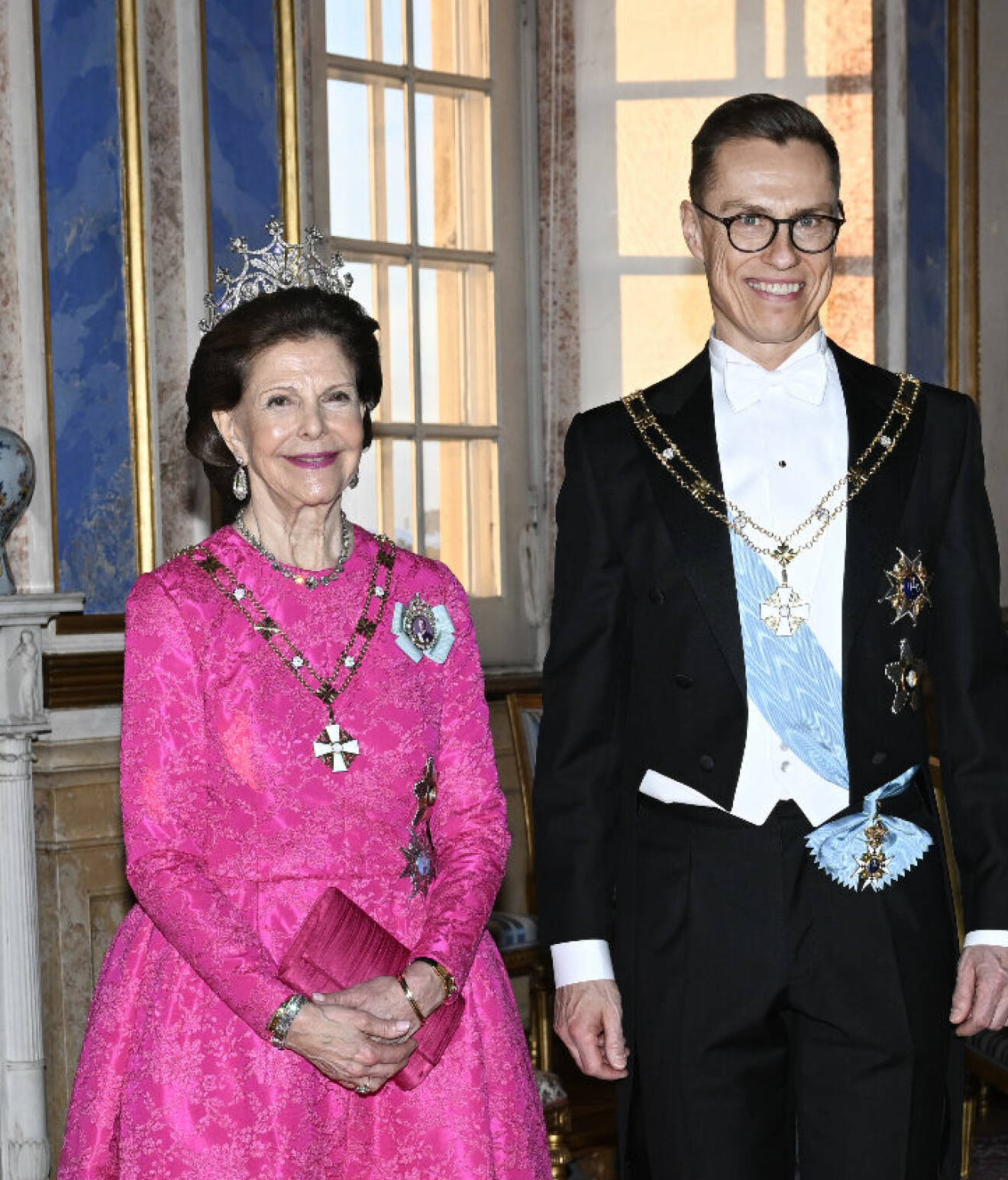 Drottning Silvia med Finlands president Alexander Stubb vid galamiddagen på slottet