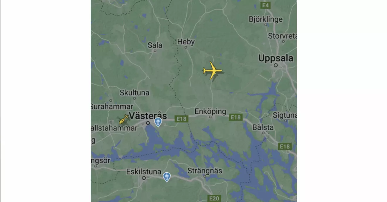 Kartbild på flygplan nära Uppsala