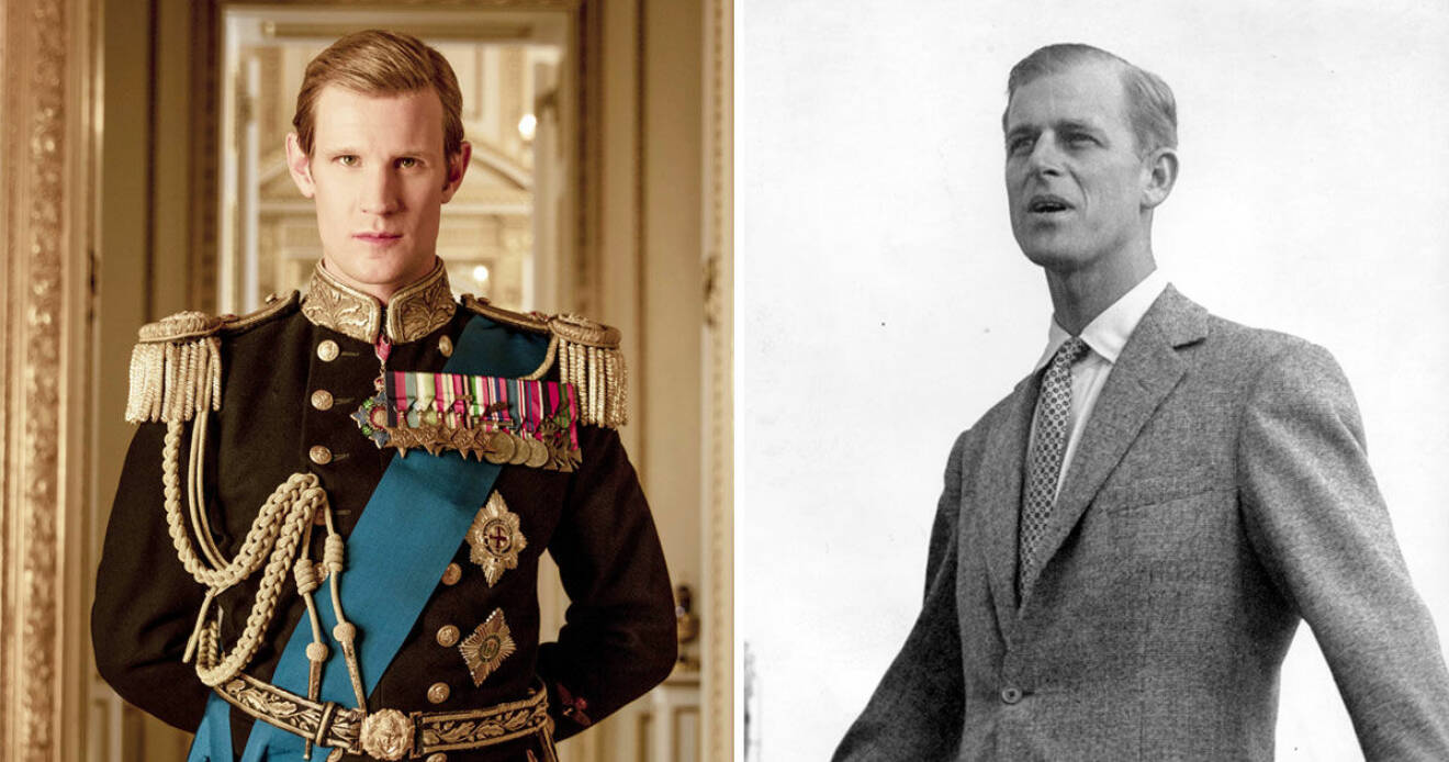 Prins Philip i "The Crown" och verklighetens prins Philip. 