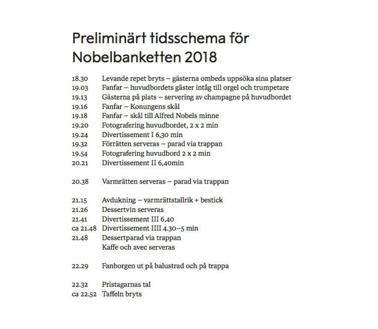 Preliminärt tidsschema för Nobelbanketten 2018