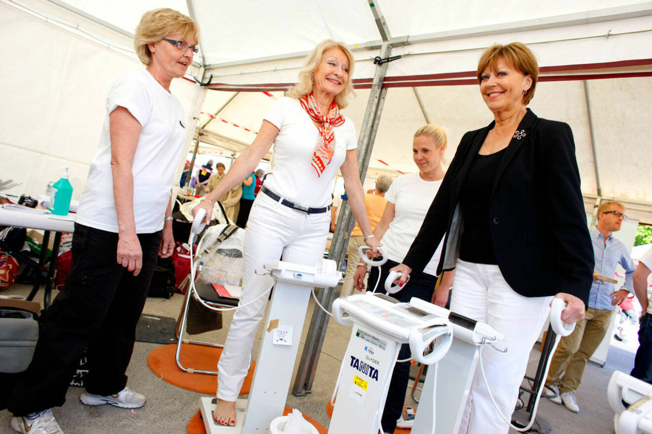 Alexandra och väninnan Lill Lindfors BMI-väger sig under Forskning och Hälsa arrangerat av Karolinska i Kungsträd- gården år 2011.