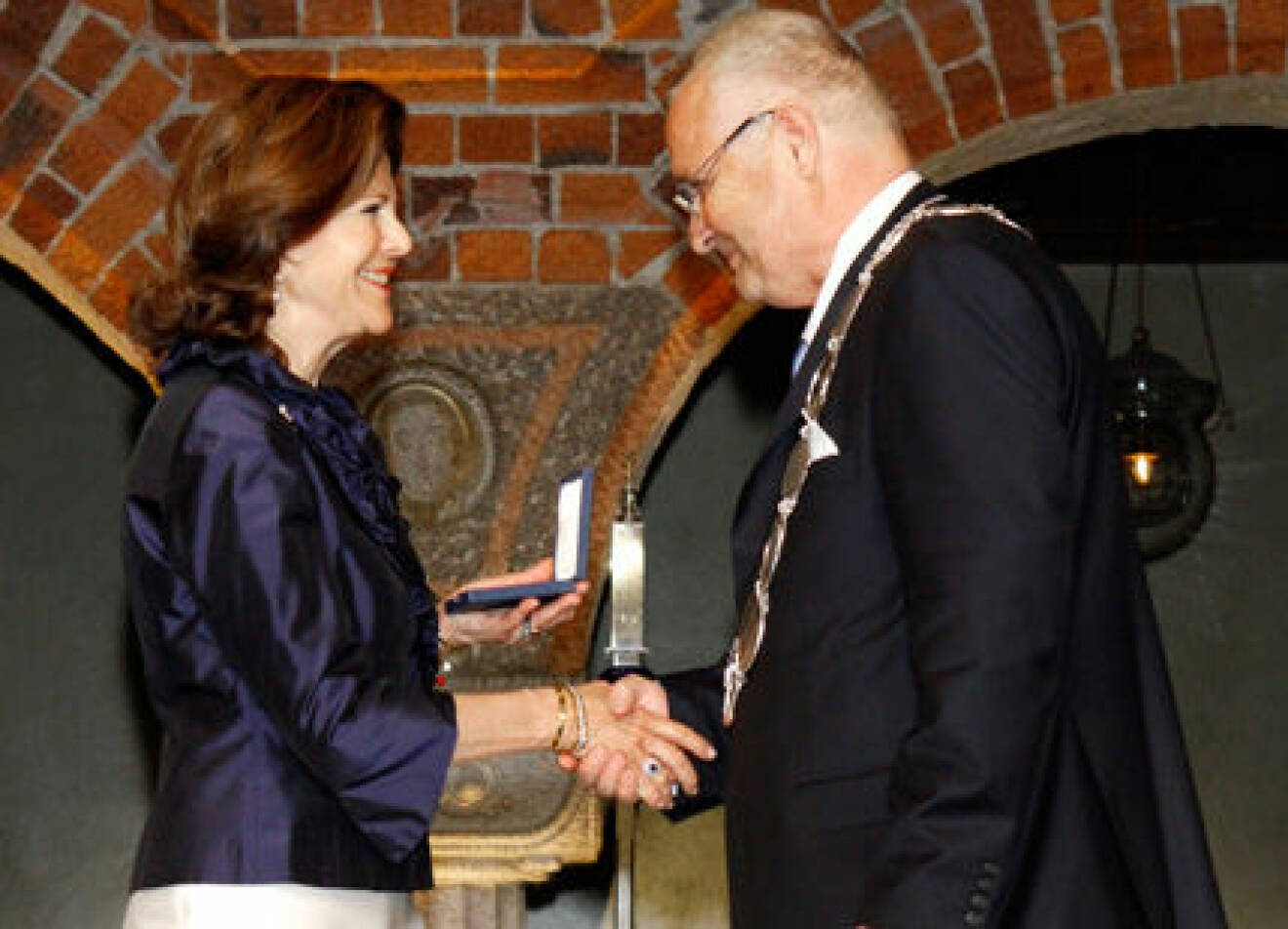 Drottning Silvia tog emot medaljen av Bo Bladholm.