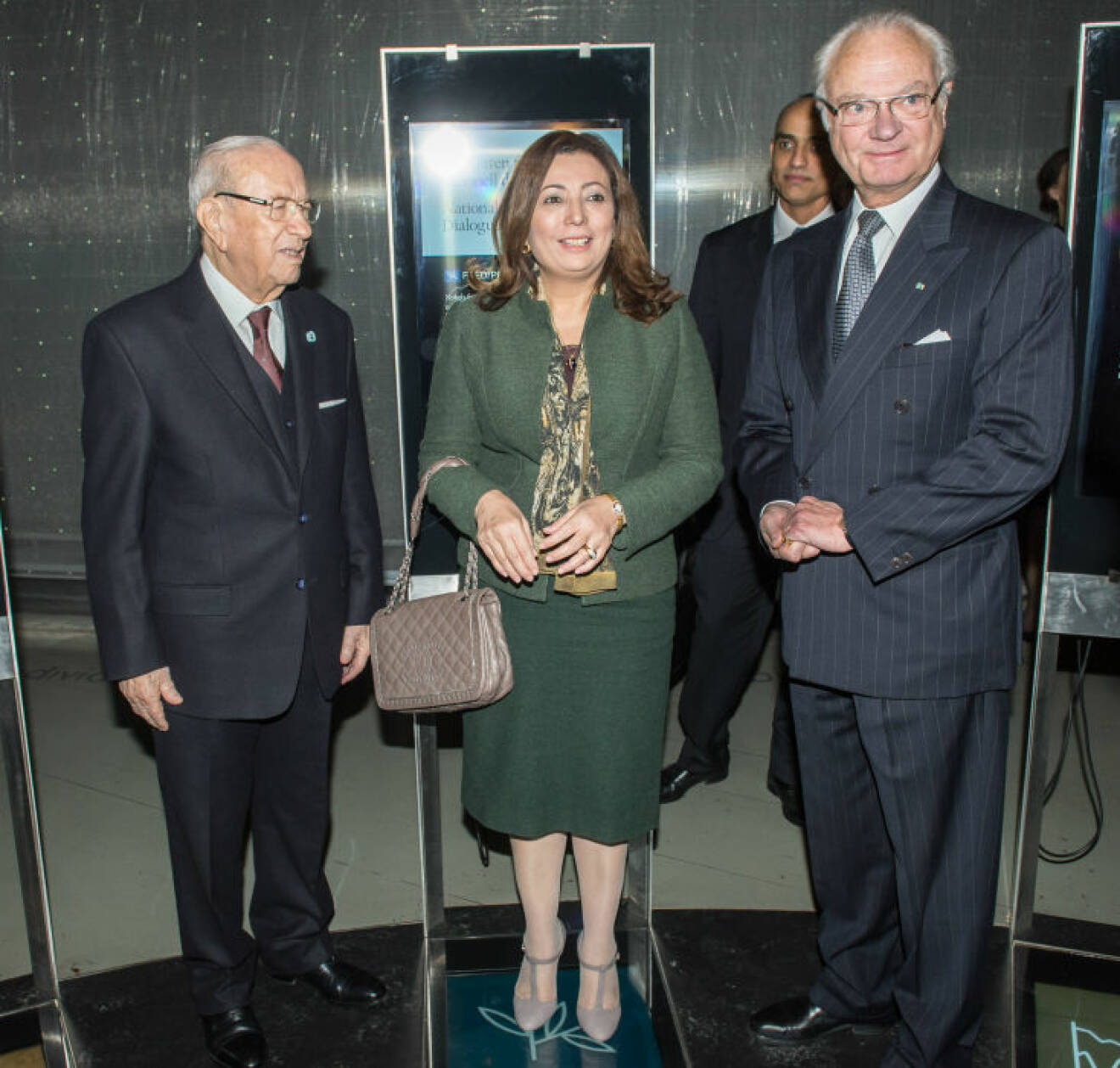 2015-11-05, Royal Castel, Stockholm, Sweden In pic: King Carl Gustaf, President Beji Caïd Essebsi, Widef Bokchanoki, National Dialogue Quartet. President of Tunisia Beji Caid Essebsi is on a State Visit to Sweden 4 to 6 November 2015 the invitation of King Carl Gustaf. For three days, the royal family and the presidential couple doing a variety of activities in Stockholm and Uppsala before departure. Picture from this event. All Over Press
