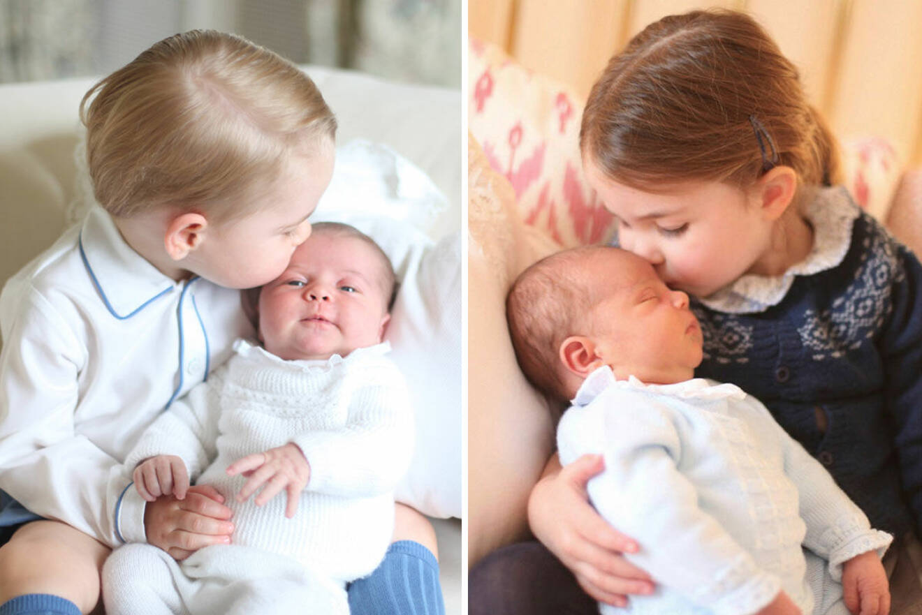 Prins George med lillasyster Charlotte 2015 och prins Louis med storasyster Charlotte 2018.