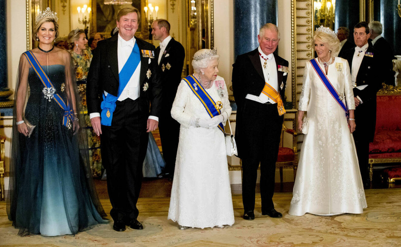 Vid kvällens bankett var det nästan som om drottning Elizabeth och hertiginnan av Cornwall hade satsat på matchande klädsel...