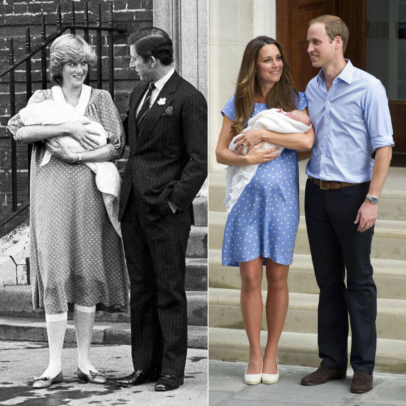 Att föda på The Lindo Wing går i arv i det engelska kungahuset. Är inte bilden underbar? Både Diana och Kate i prickiga klänningar, med sina förstfödda ömt i famnen.