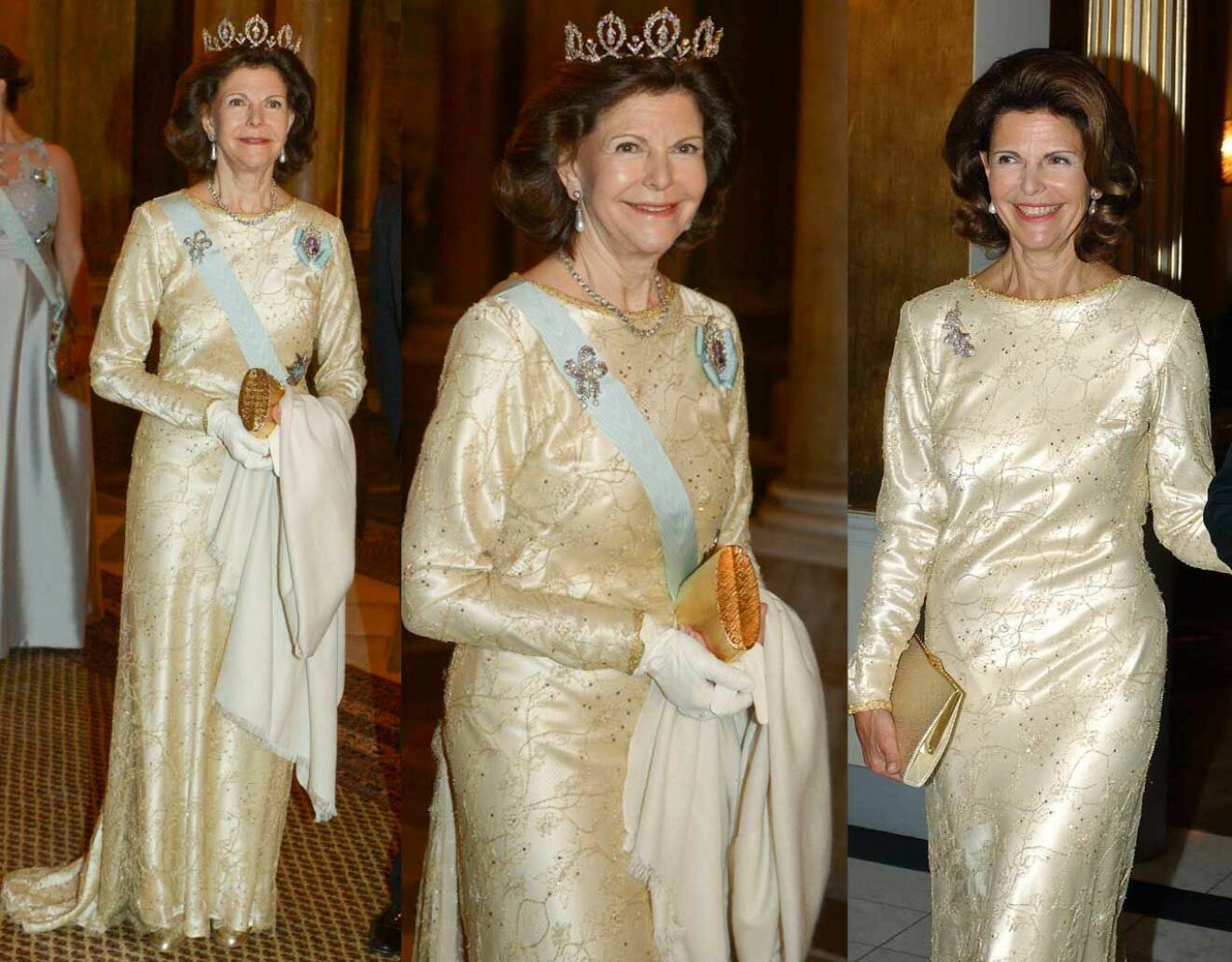 Drottning Silvia i sin guldklänning, en favorit i repris från år 2003.