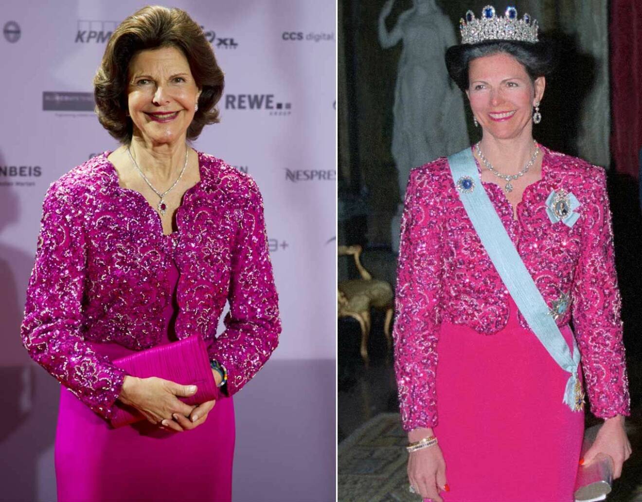 Här återanvänder drottning Silvia sin gamla rosa klänning, den är från år 1993.