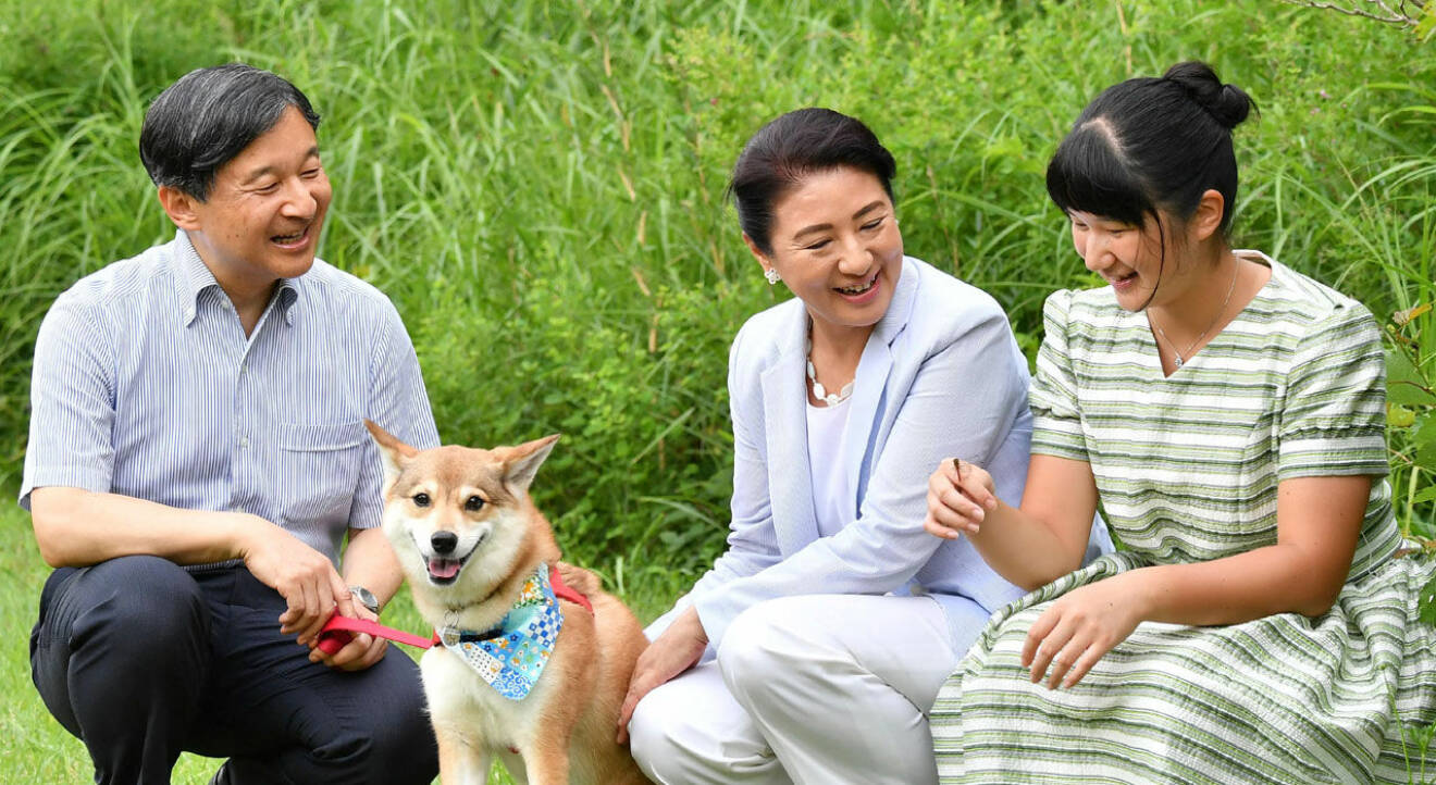 Den nya kejsarfamiljen: Kejsar Naruhito, 59, kejsarinnan Masako, 55 och dottern Aiko, 17. Samt deras spets, en hittehund som heter Yuri.