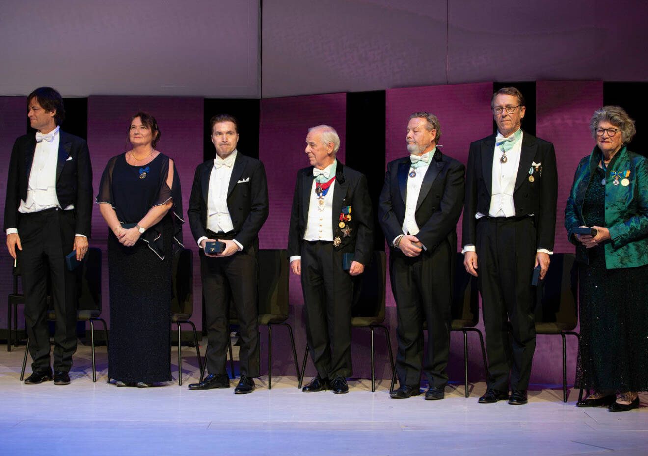 IVA:s medaljörer och hedersledamöter 2019: Max Tegmark, Lena Olving, Martin Lorentzon, Hans Dalborg, Peter Wallenberg, Jan-Eric Sundgren och Mary Walshok.