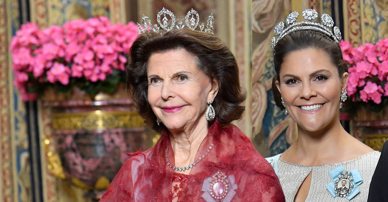 Drottning Silvia och kronprinsessan Victoria på kungamiddag.