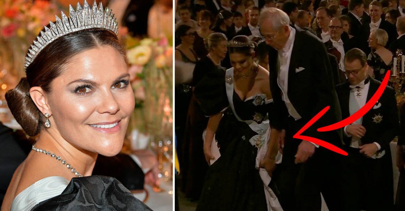 kronprinsessan victoria nära att snubbla på klänningen nobel 2019