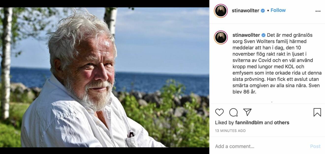 Sven Wollter död i covid-19 Dottern Stina Wollter orden på Instagram