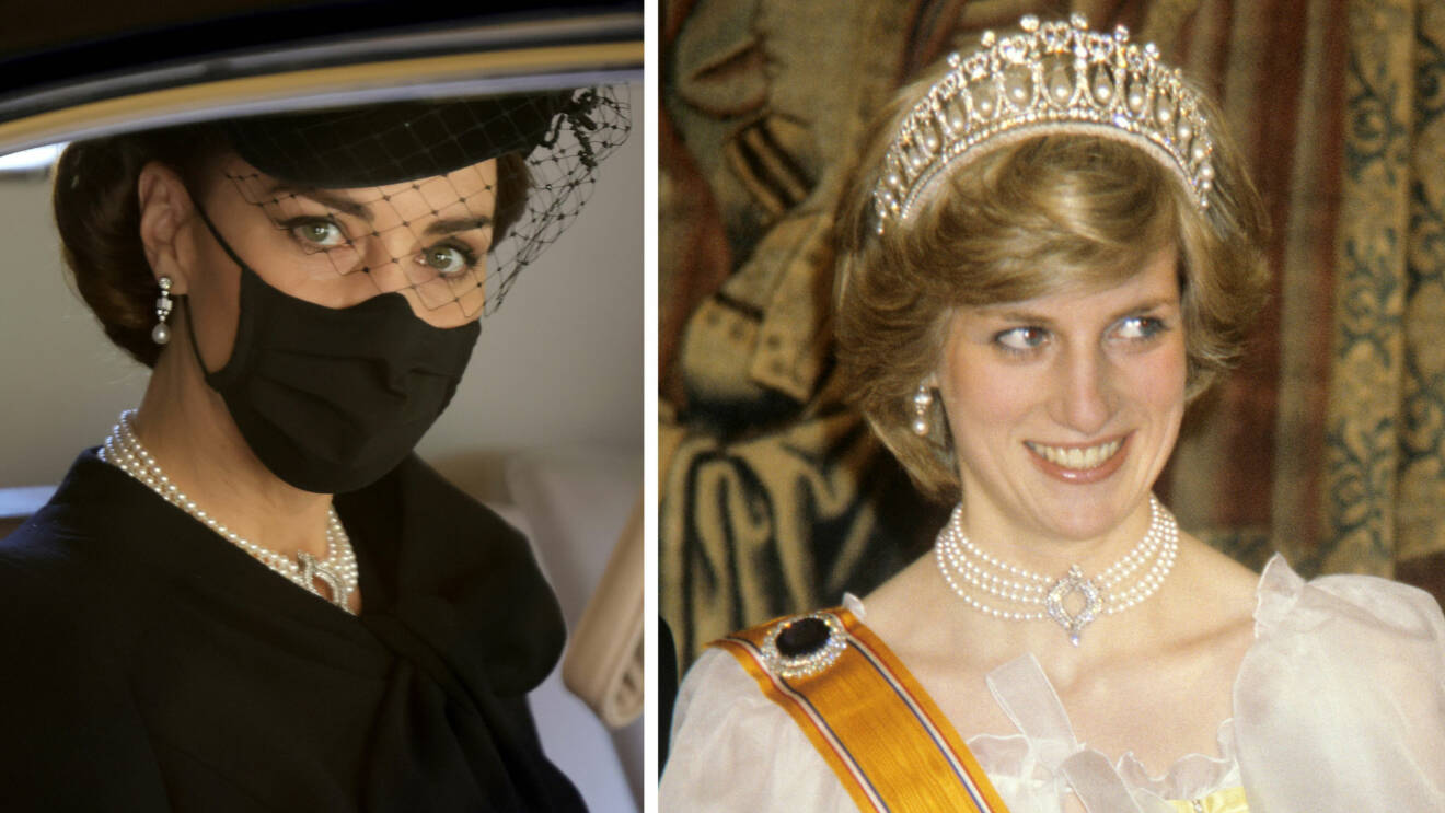 Hertiginnan Kate och prinsessan Diana med drottning Elizabeths halsband