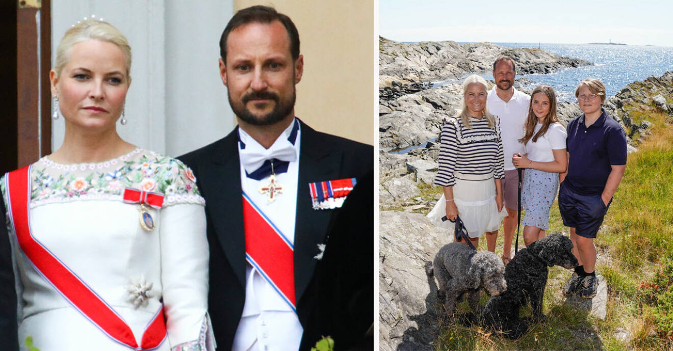Kronprinsessan Mette-Marit, kronprins Haakon, prinsessan Ingrid Alexandra, prins Sverre Magnus, hunden Milly och hunden Muffins