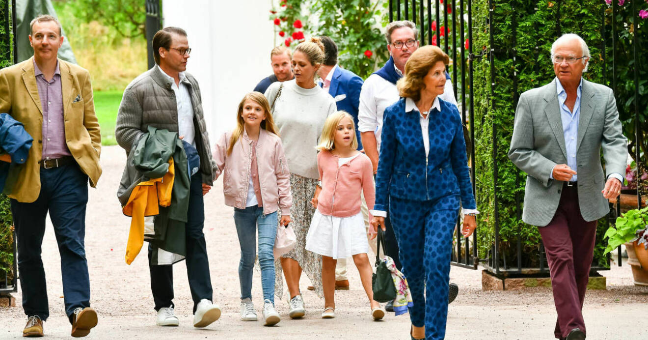 Prins Daniel, prinsessan Estelle, prinsessan Madeleine, prinsessan Leonore, Chris O'Neill, drottning Silvia och kung Carl Gustaf