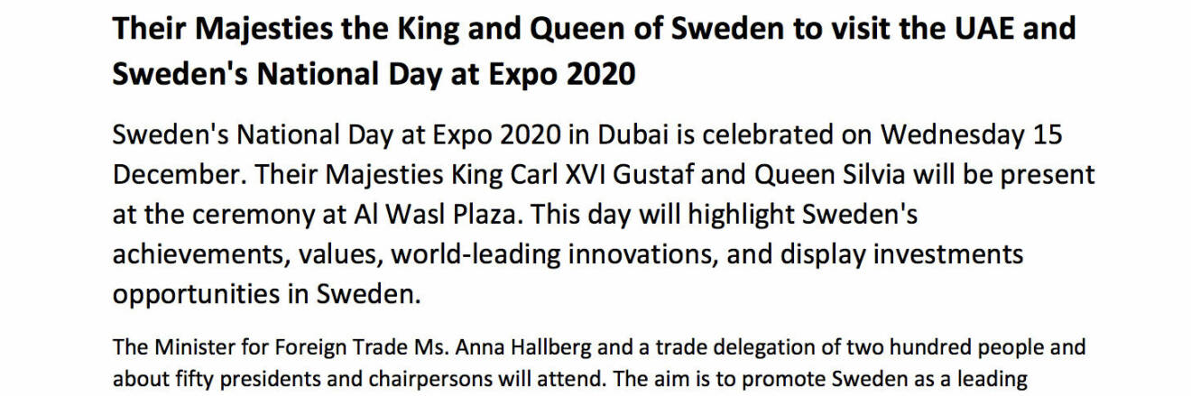 Pressmeddelandet om Kungliga besöket Dubai 2021 World Expo