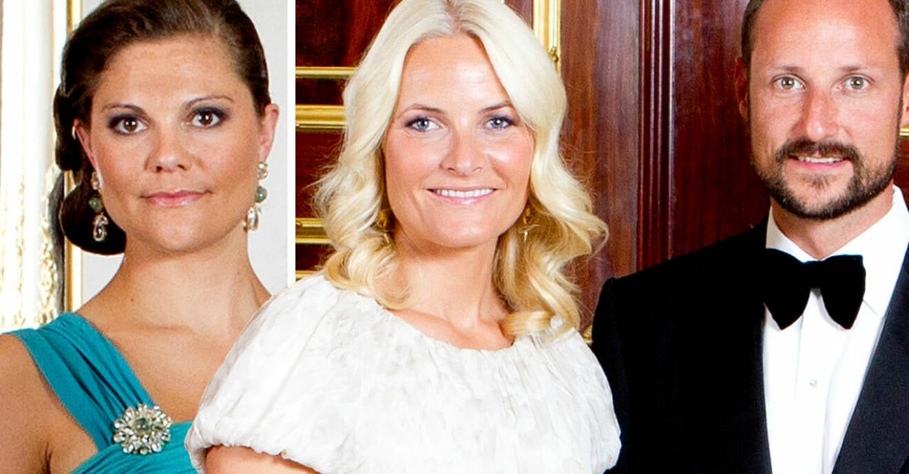Kronprinsessan Victoria, kronprinsessan Mette-Marit och kronprins Haakon festklädda