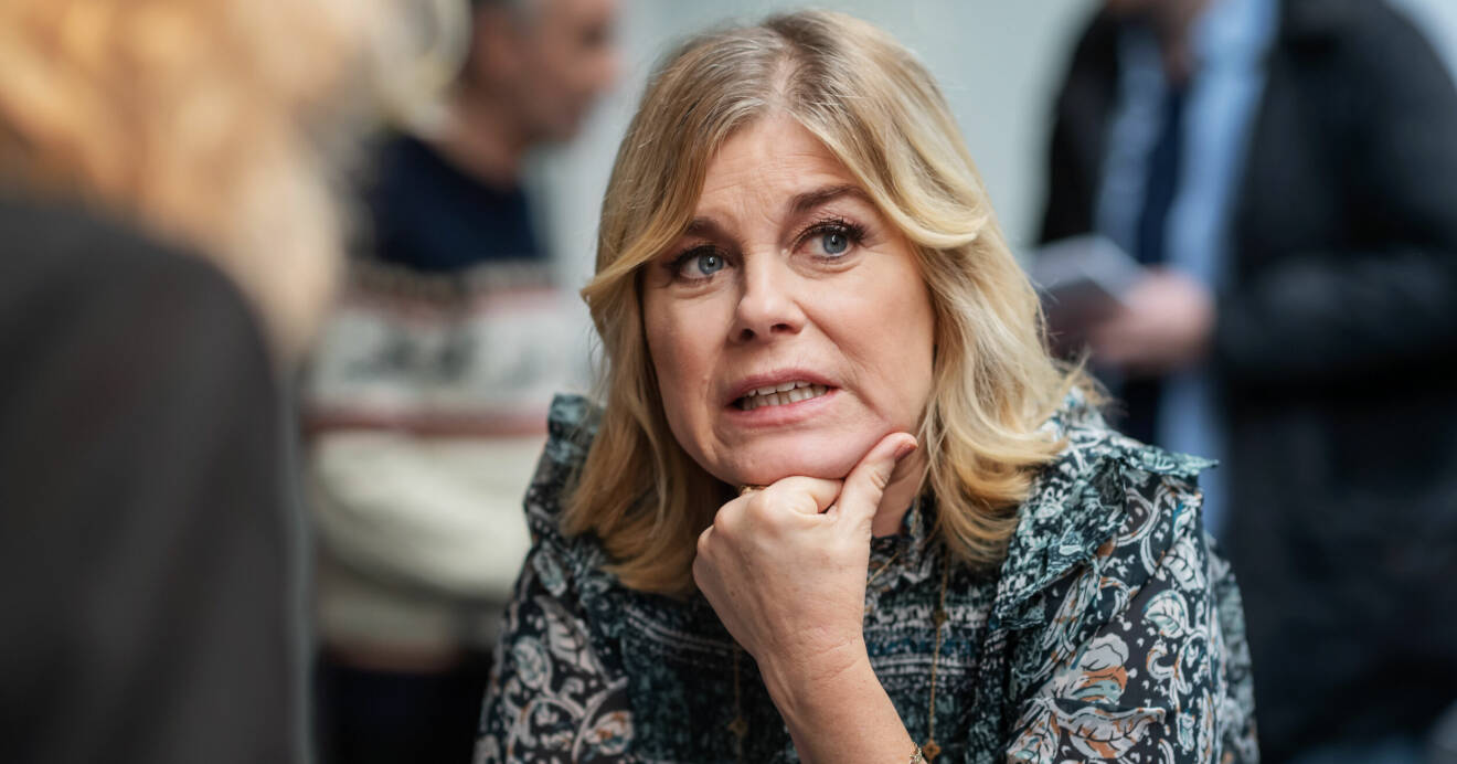 Pernilla Wahlgren under en pressträff för Stjärnorna på slottet 2019.