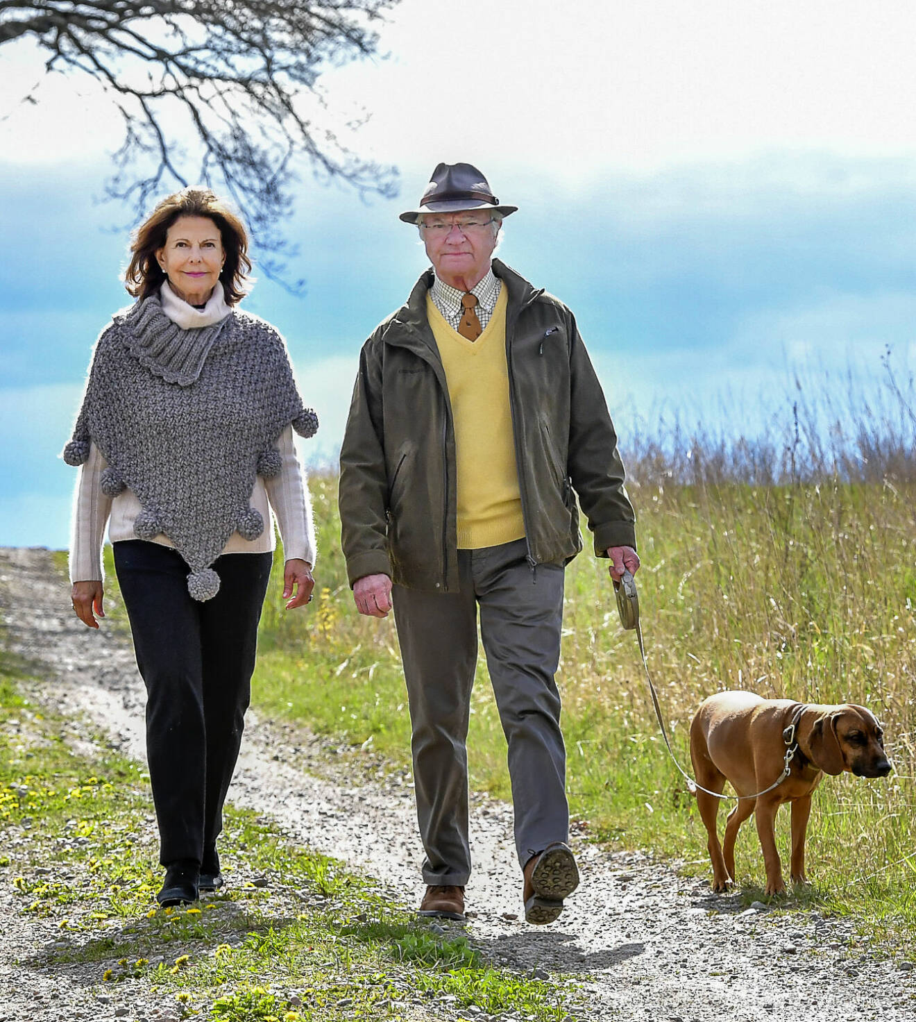 Kungen och drottning Silvia på promenad med hunden Brandie under pandemin