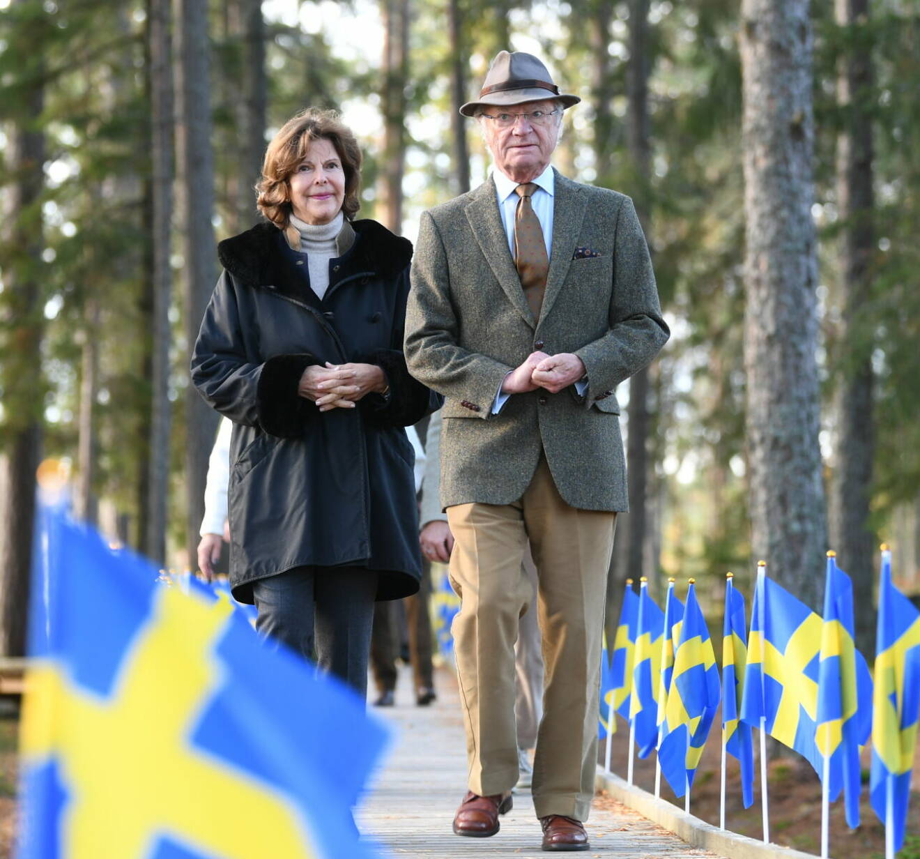 Kungen och drottning Silvia på en gångväg bland svenska flaggor