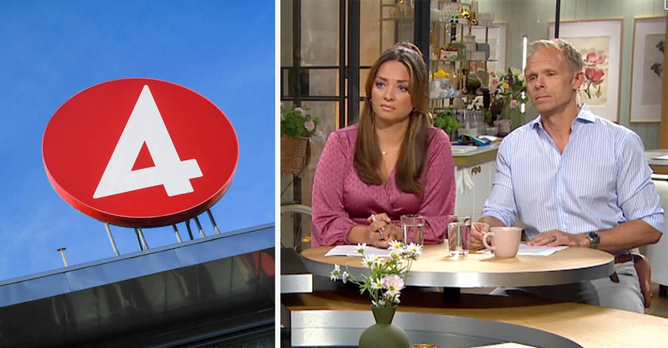 TV4s logga och Nyhetsmorgon-programledarna Matilda Boza och Johan Macéus