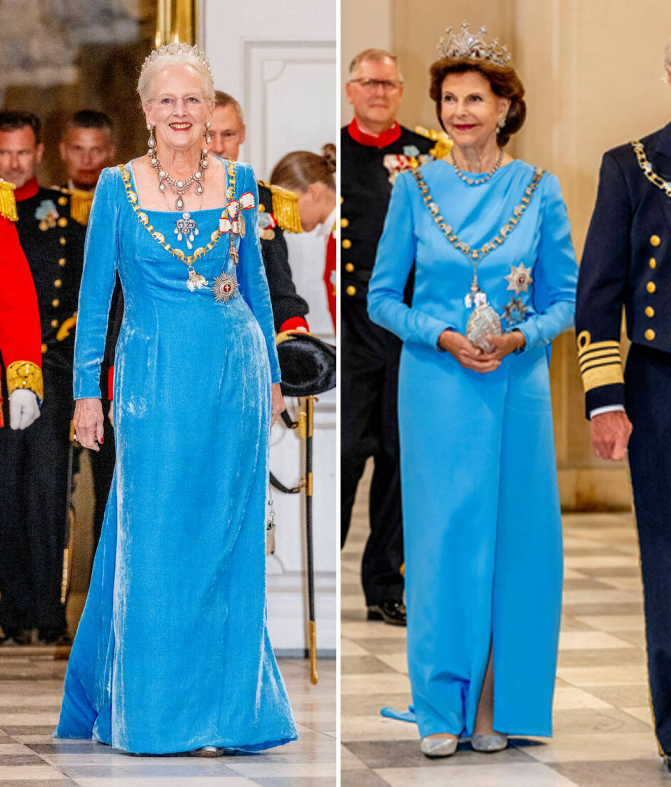 Drottning Silvia och drottning Margrethe på fest i klänningar i samma färg