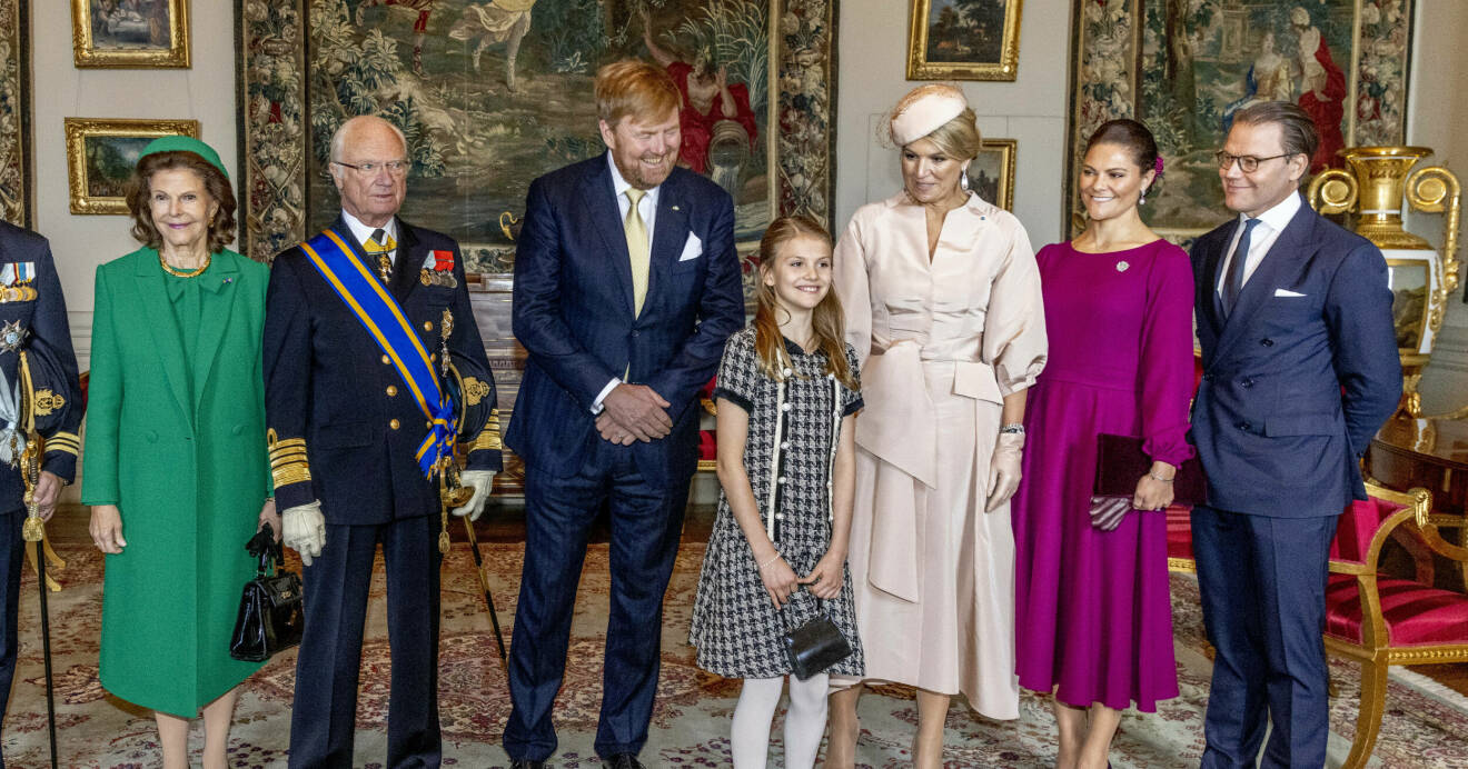 Drottning Silvia, kung Carl Gustaf, kung Willem-Alexander, prinsessan Estelle, drottning Maxima, kronprinsessan Victoria och prins Daniel