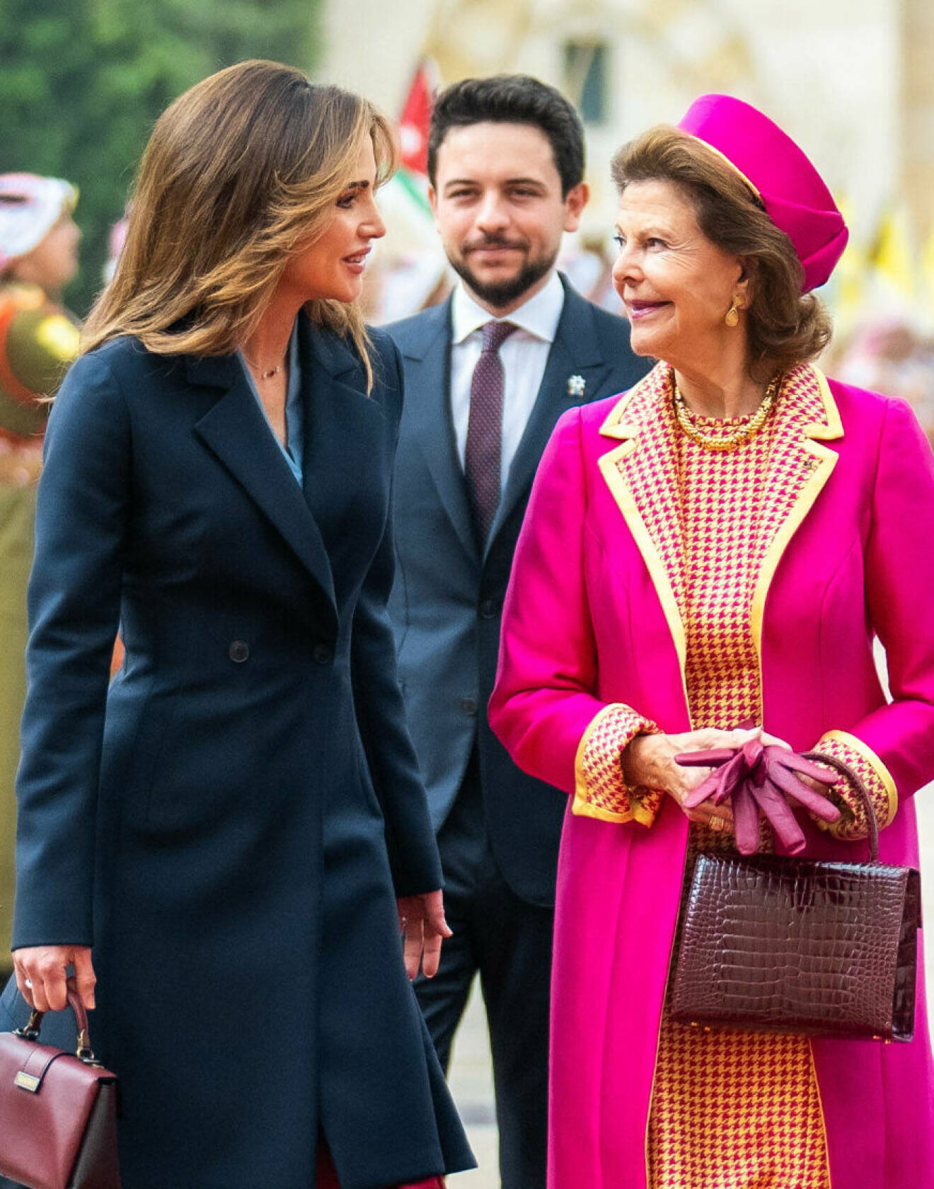 Drottning Silvia med drottning Rania av Jordanien under statsbesöket 2022