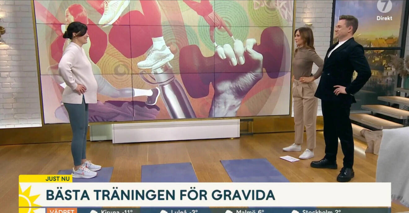 Susanna Kallur lär ut träningstips i Nyhetsmorgon till Maria Forsblom och Anders Pihlblad.
