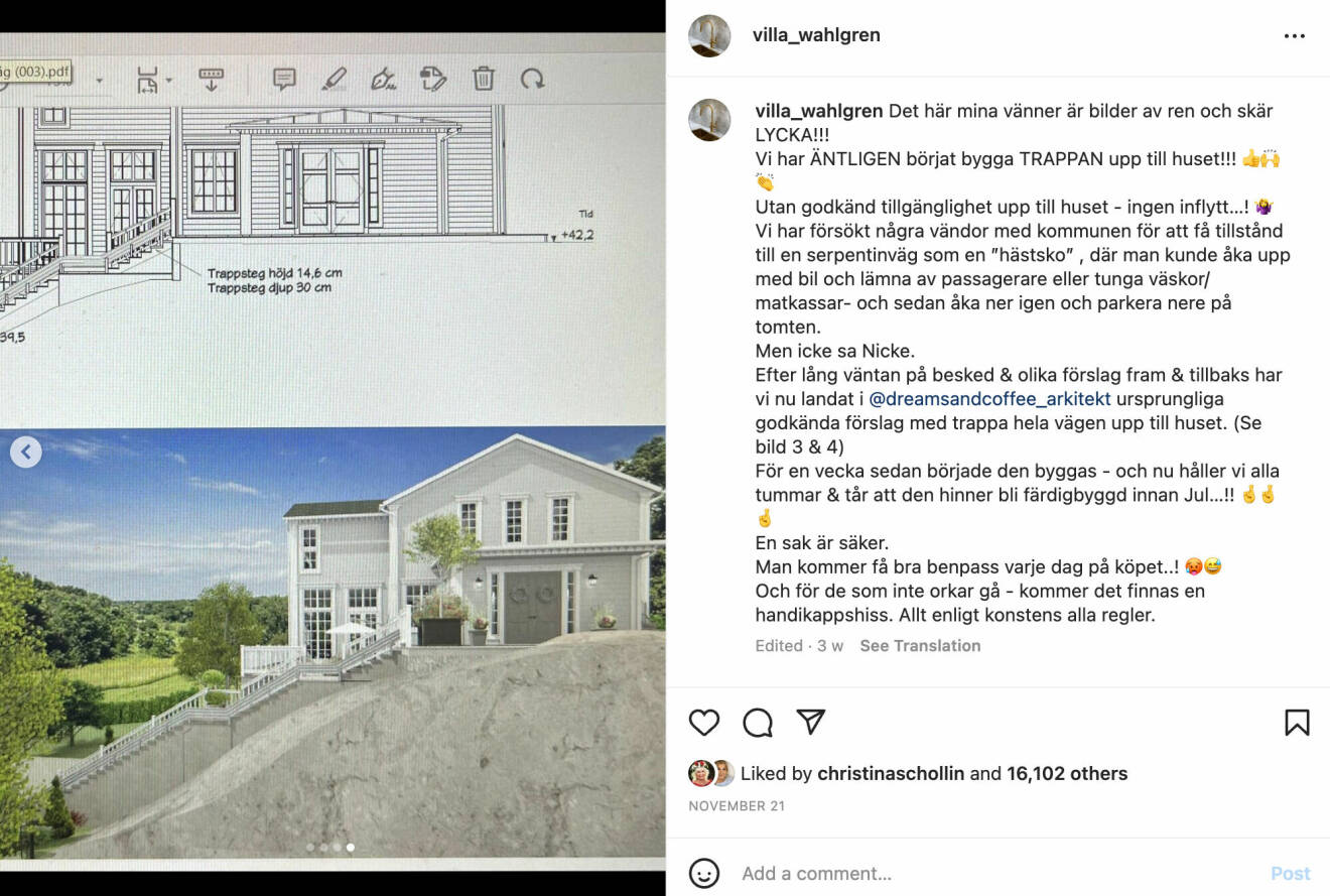 En bild på ritningen av Pernilla Wahlgrens nya lyxhus samt en datorgjord bild på det färdiga huset.